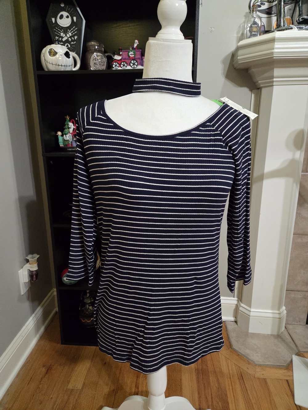 Jessica Simpson Navy & White Striped Choker Long Sleeve Tee